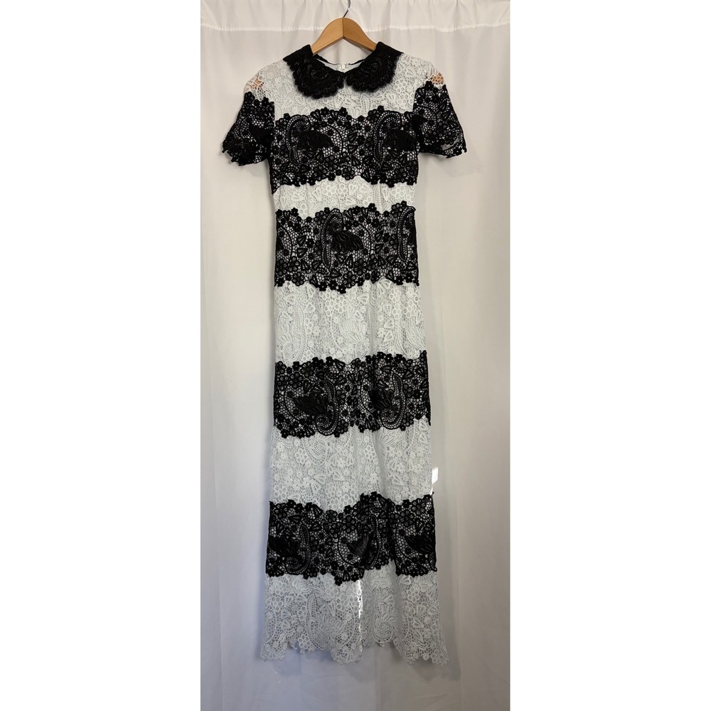 MOTF Premium Black White Guipure Lace Maxi Dress Peter Pan Collar Short Sleeve